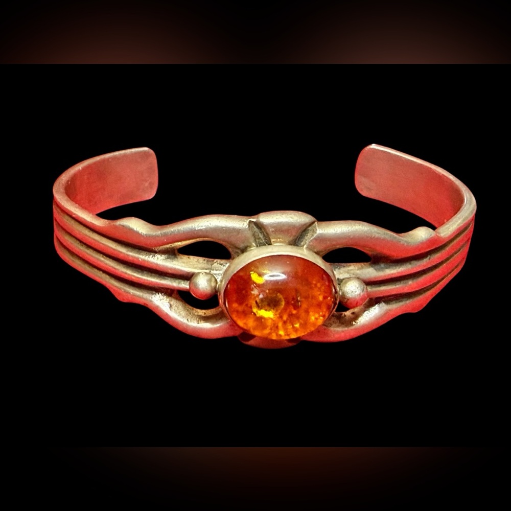 Vintage Navajo Sand Cast Sterling Silver Cuff bracelet Amber Cabochon Signed